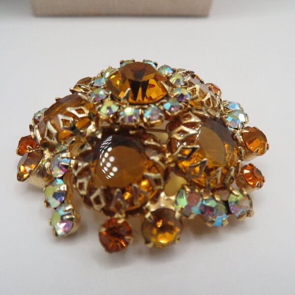 Juliana D&E Dog Toothed Pronged Orange and AB Stones Gold Tone Dome Brooch - Picture 5 of 11